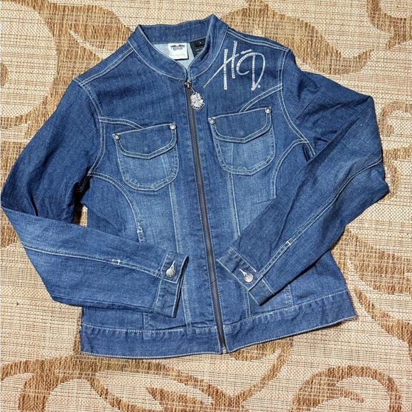HARLEY DAVIDSON bomber denim rhinestone jacket, bling detail! Size large 10/12 - Picture 2 of 6